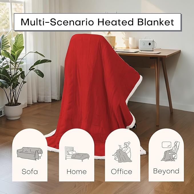 Electric Heated Blanket Twin Size 62"x84" - Dual-Sided with Microplush & Sherpa Fabric, 4 Heat Settings & 10 Hours Auto Off, Machine Washable - Red