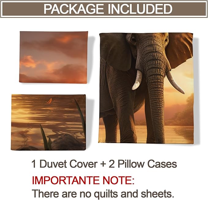 Elephant Duvet Cover Twin African Wildlife Bedding Set 2 Piece for Kids Bedroom Sunset Lake Elephant Comforter Cover with Zipper Ties & 1 Pillowcases