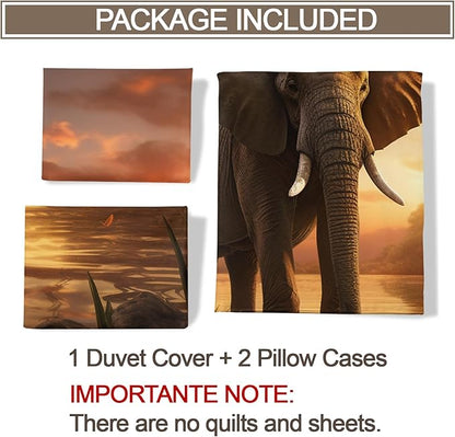 Elephant Duvet Cover Twin African Wildlife Bedding Set 2 Piece for Kids Bedroom Sunset Lake Elephant Comforter Cover with Zipper Ties & 1 Pillowcases