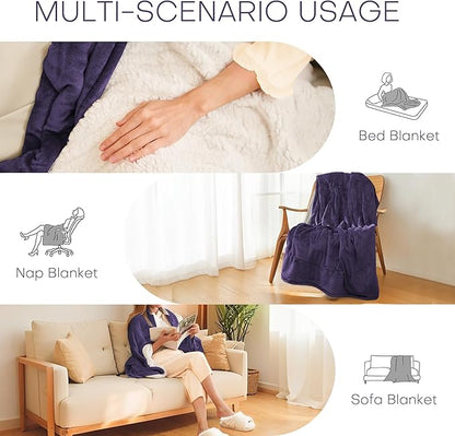 Electric Heated Blanket Throw Size 50"x60" - Flannel & Sherpa Fabric Dual-Sided, 6 Heat Settings & 1-3 Hours Auto Off, Soft & Cozy Warming Throw for Home, Office, or Bed, Machine Washable, Purple