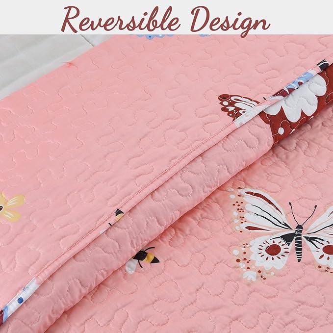 Cozy Line Home Fashions Pink Microfiber Reversible Girls Coverlet Bedspread Quilt Set, Bedspread, Coverlet (Butterflies, Queen - 3 Pieces)
