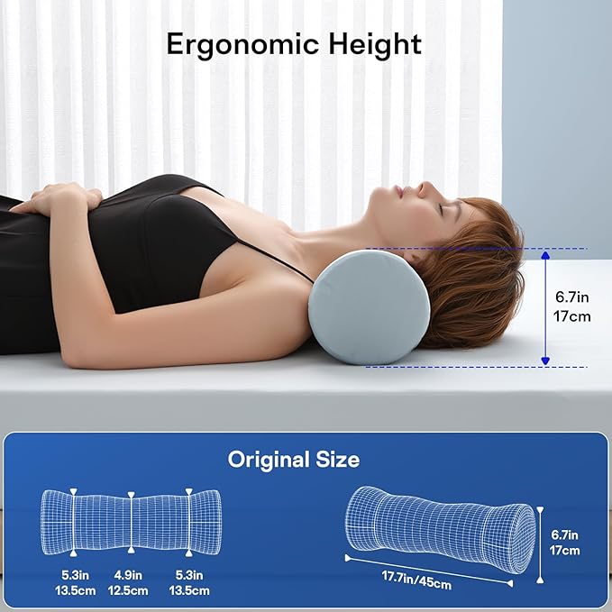 Cervical Neck Roll Pillow - Memory Foam Cylinder Bolster Pillows for Neck Support - Ergonomic Design Round Neck Pillow with Cooling Cover for Leg, Back, Yoga (Grey Blue)