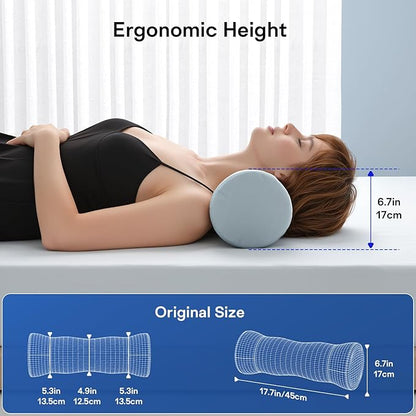 Cervical Neck Roll Pillow - Memory Foam Cylinder Bolster Pillows for Neck Support - Ergonomic Design Round Neck Pillow with Cooling Cover for Leg, Back, Yoga (Grey Blue)