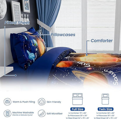 SANDJEST Solar System Comforter Set Full, Ultra Soft Microfiber Bedding Sets with 4-Pieces, Comforters Bed Sets for Kids Children Boy Bedroom Decor