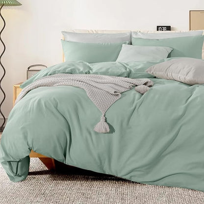 NEXHOME PRO Green Duvet Cover Set Super King 108"x98" Linen Feel Textured Organic Natural 100% Washed Cotton Duvet Cover 3 Pieces Bedding Set with Zipper Closure, Breathable, Soft (No Comforter)