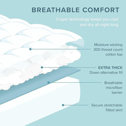 Bare Home Full Mattress Topper Cotton Top - Plush Topper for Mattress - Fitted Mattress Cover - Cooling Breathable Air Flow - 8" to 21" Deep Pocket - Soft Mattress Pad (Full, White)