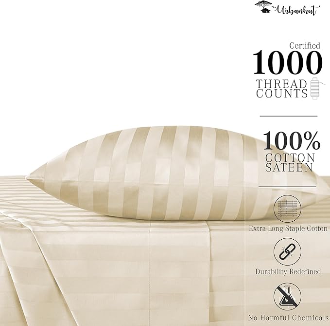 URBANHUT 1000 Thread Count Damask Striped Twin Size Egyptian Cotton Sheets, Long Staple Soft & Breathable, 4 Pc Bed Sheet Sets, Luxury Hotel Sateen Sheets Fits 16" Deep Pocket - Sand