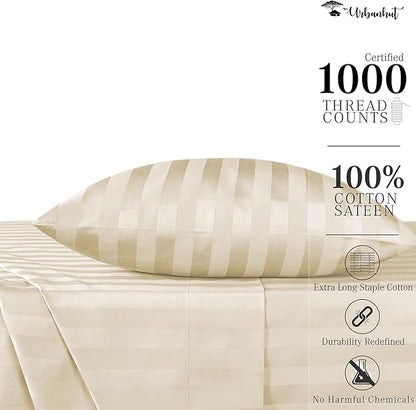 URBANHUT 1000 Thread Count Damask Striped Twin Size Egyptian Cotton Sheets, Long Staple Soft & Breathable, 4 Pc Bed Sheet Sets, Luxury Hotel Sateen Sheets Fits 16" Deep Pocket - Sand