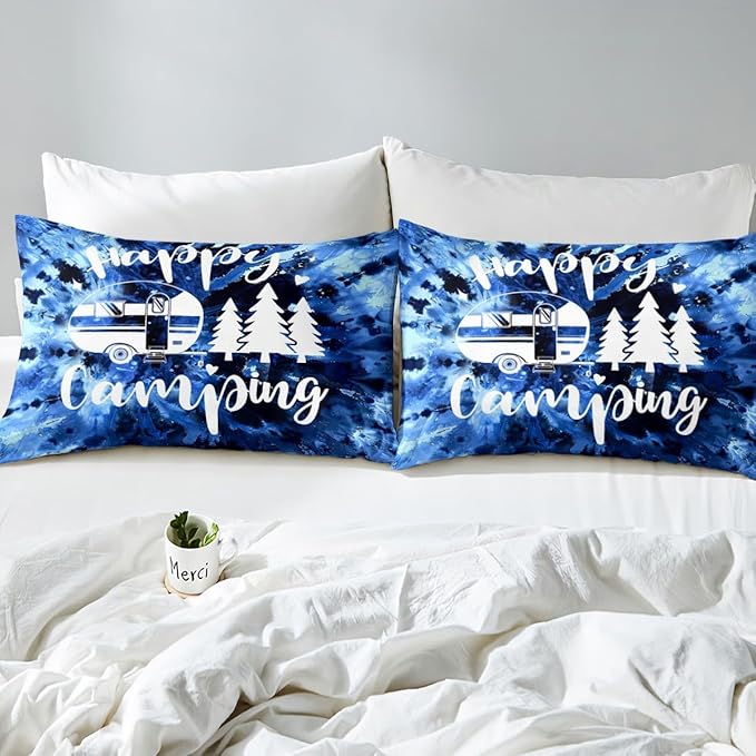 Happy Camping Camper Duvet Cover Set King Size,Watercolor Blue Tie Dye Comforter Cover with 2 Pillowcases Bedspread,Farmhouse Boho Trippy Art Microfiber Quilt Cover for Adult Women,3pcs
