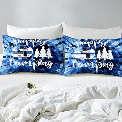 Happy Camping Camper Duvet Cover Set King Size,Watercolor Blue Tie Dye Comforter Cover with 2 Pillowcases Bedspread,Farmhouse Boho Trippy Art Microfiber Quilt Cover for Adult Women,3pcs