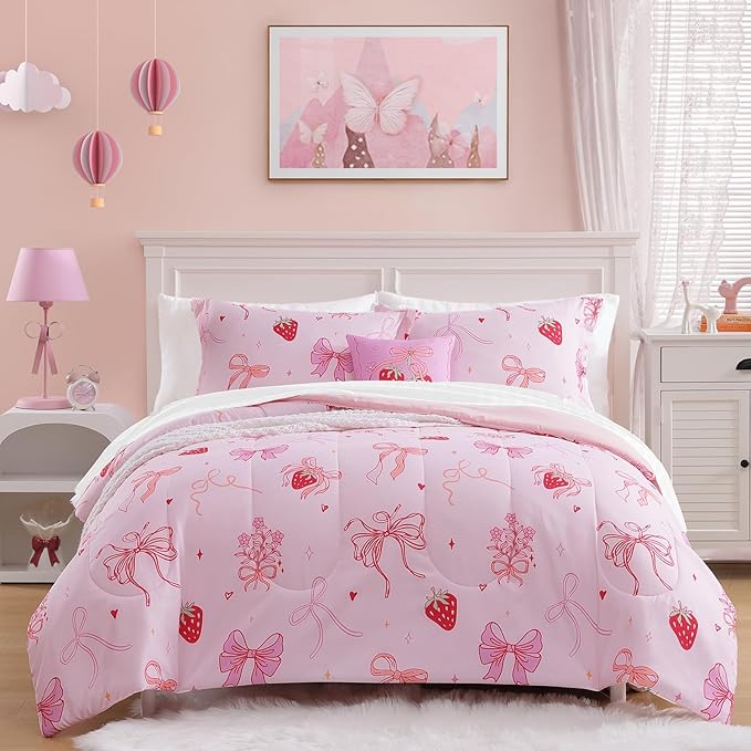 Twin Comforter Set for Girls-3 Pieces Pink Bow Twin Bedding Sets for Kids,1 Comforter,1 Sham and 1 Decor Pillow