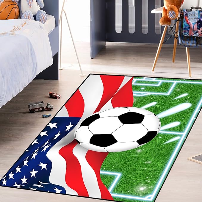 Soccer Rugs for Boys Bedroom - Sports Rug for Boys Bedroom Decor Football Carpet, Football Room Decor for Teens Kids Carpet, Soccer Field Carpet for Playroom Living Room, 2x3 Feet