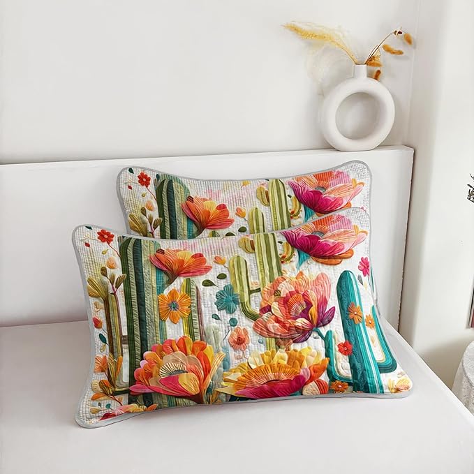 AILONEN Cactus Quilt Twin Size Bedding Set & 2 Pillowcases,Colorful Floral Plants Bedspread Coverlet,3Pcs Desert Botanical Quilt Set for Boys Girls,All Season