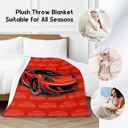 Racing Car Blanket, Cozy Soft Throw Gifts for Kids, Cute Red Flannel Throw Blankets for Bed Couch, 60x80 Inches
