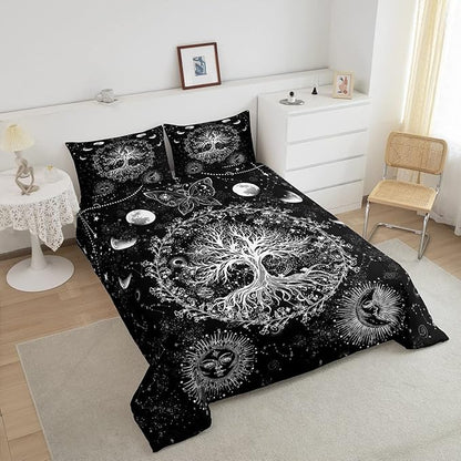 Feelyou Sun and Moon Comforter Bohemian Tree Butterfly Style Bedding Set Psychedelic Hippie Comforter Set for Boys Girls Children Teens Bedroom Decor Galaxy Astrology Duvet Set Full Size