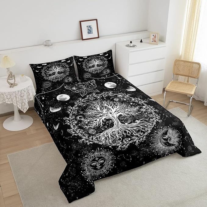 Feelyou Sun and Moon Comforter Bohemian Tree Butterfly Style Bedding Set Psychedelic Hippie Comforter Set for Boys Girls Children Teens Bedroom Decor Galaxy Astrology Duvet Set Queen Size