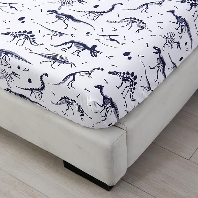 URBONUR 4-Piece Toddler Bedding Set - Ultra Soft Cartoon Jurassic Dinosaur Print Boys Toddler Comforter Set - Include Comforter, Flat Sheet, Fitted Sheet and Reversible Pillowcase, Navy Dinosaur
