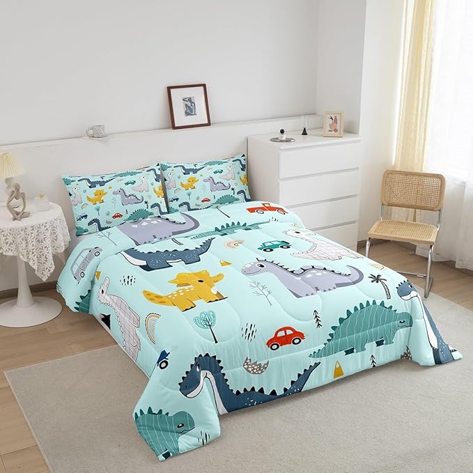 Castle Fairy Cute Car Kids Comforter Set Queen Size,Cartoon Dinosaur Rainbow Sketch Blue Bedding Set for Women Adult,Kawaii Dino Colorful Wild Animal Luxury Bed Duvet Insert, 2 Pillowcases