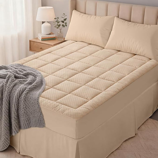 OLANLY Full Quilted Fitted Mattress Pad – Soft Pillow Top Mattress Topper, Down Alternative Fill, Cooling Comfort Breathable Mattress Cover, Machine Washable Deep Pocket Mattress Protector, Beige
