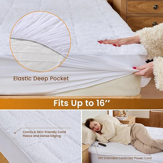 Bearhug Electric Heated Mattress Pads Full Size 54×75” Sherpa Bed Warmer with 16” Deep Pocket 10 Heat Settings 12-Hour Timer Machine Washable White
