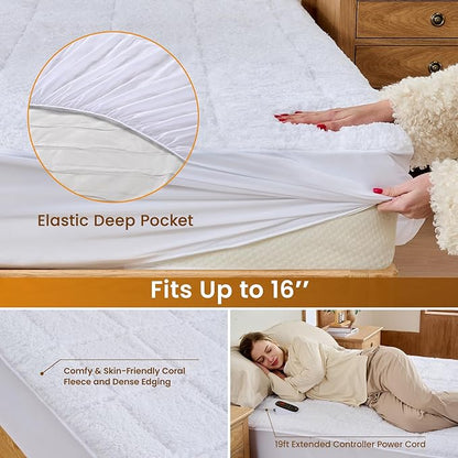 Bearhug Electric Heated Mattress Pads Full Size 54×75” Sherpa Bed Warmer with 16” Deep Pocket 10 Heat Settings 12-Hour Timer Machine Washable White