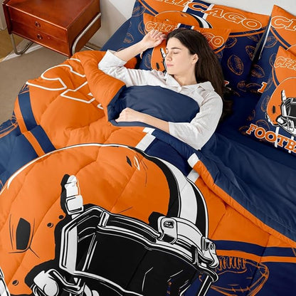 Feelyou Football Comforter Set with Sheets 7 Piece Queen Size Ball Games Bed in a Bag Kids Boys Girls Rugby Bedding Set City of Footballs Bedroom Decor Rugby Sports