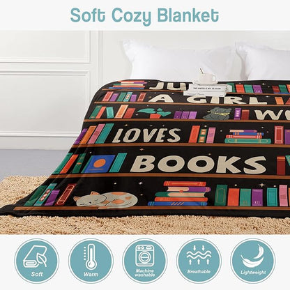 Reading Lover Blanket, Just A Girl Who Loves Books Blanket, Soft Warm Cozy Fleece Throw, Gifts for Girls Women Kids, 50"x60", Black