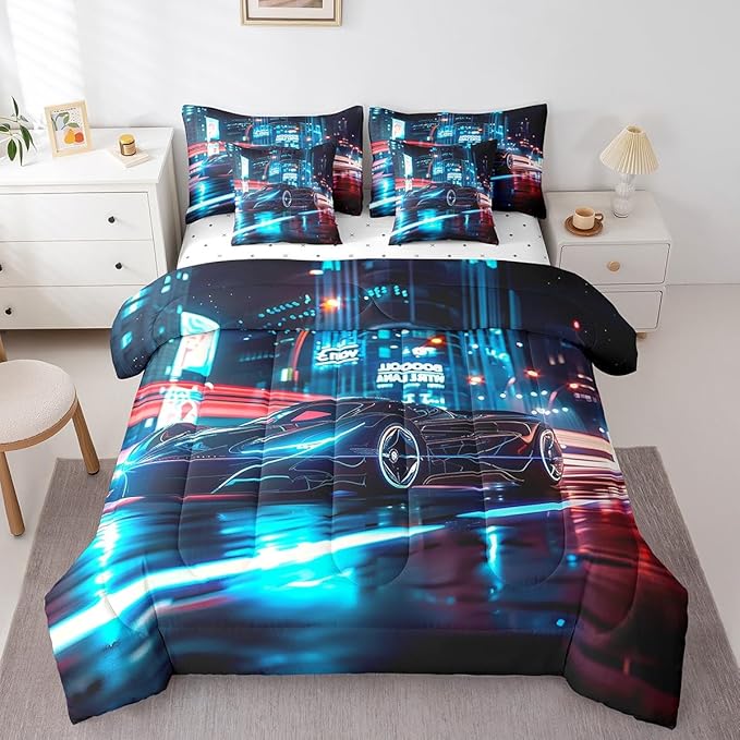 Feelyou City Racing Car 7 Piece Bedding Set King Size for Kids Boys Extreme Sport Games Comforter Set with Sheets Teens Toddler Fast and Furious Bed in a Bag Cool Modern Bed Set