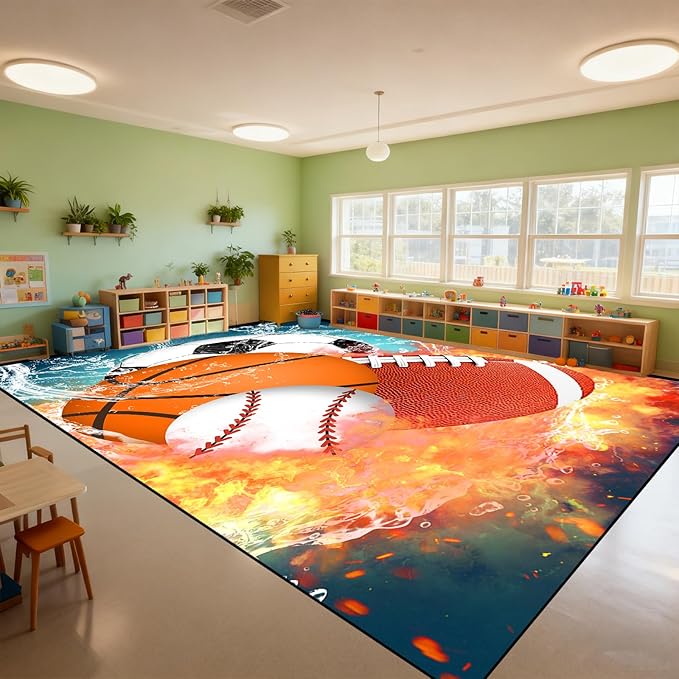 Basketball Rug 6'x9' - Basketball Rug for Boys Bedroom Kids Football Mat Water Fire Sports Rugs Boys Room Soccer Rugs Baseball Carpet for Playroom Living Room Bedroom Decor