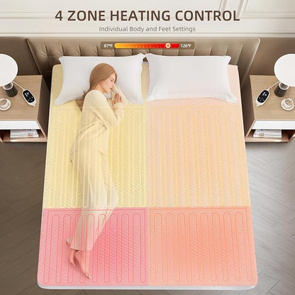 Multizone Waterproof Heated Mattress Pad, Individual Body & Feet Electric Mattress Bed Warmer 9 Heat Settings, 1-12 Hours Auto Off, Deep Pocket, Fast Heating, Machine Washable King, 78" x 80"