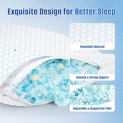 Shredded Memory Foam Pillow for Sleeping, Cooling Bed Pillows Set of 2, Adjustable Pillows for Side, Back, Stomach Sleepers with Washable Pillowcase (King Size, Blue)