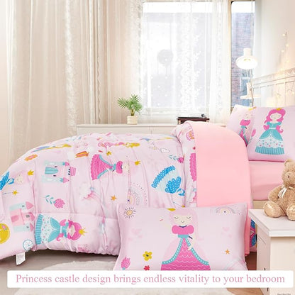 ANGIYUIN 6Pcs Pink Twin Size Comforter Set for Girls Princess Bedding Fairy Tales Castle Kids Bed in A Bag with Sheets Cute Soft Printed Girl Bedding Set for All Season