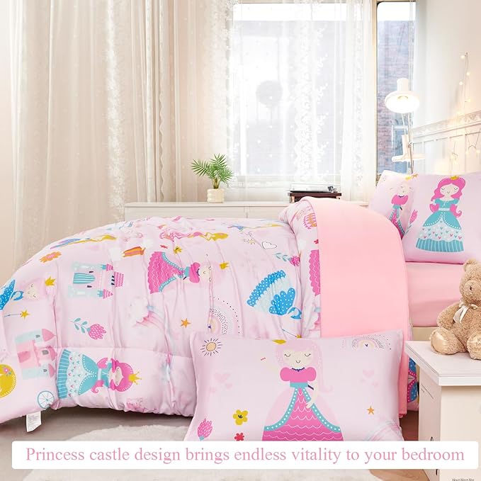 ANGIYUIN Pink Princess Queen Bedding Set Cartoon Rainbow Kids Bed Set Cute Fairy Tales Castle Bedding Set for Girls(1 Comforter, 1 Flat Sheet, 1 Fitted Sheet, 2 Pillowcases,1 Square Pillowcases)