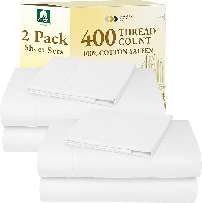 California Design Den 2-Pack Twin XL Sheet Sets 100% Cotton Sateen - 400 Thread Count - Soft and Breathable Sheets, 2 Sets of Deep Pocket Bed Sheets - Antique White
