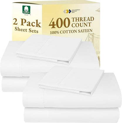 California Design Den 2-Pack Twin XL Sheet Sets 100% Cotton Sateen - 400 Thread Count - Soft and Breathable Sheets, 2 Sets of Deep Pocket Bed Sheets - Antique White