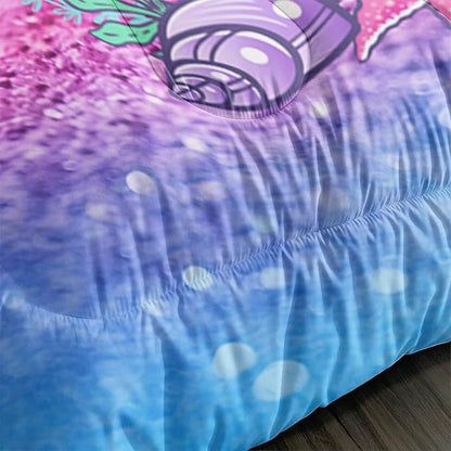 Mermaid Butterfly Comforter Set Full Size Fairy Tale Sea Shell Grass Bedding Set Colorful Rainbow Quilt Bed Set for Kid Girls with 1 Comforter and 2 Pillowcases
