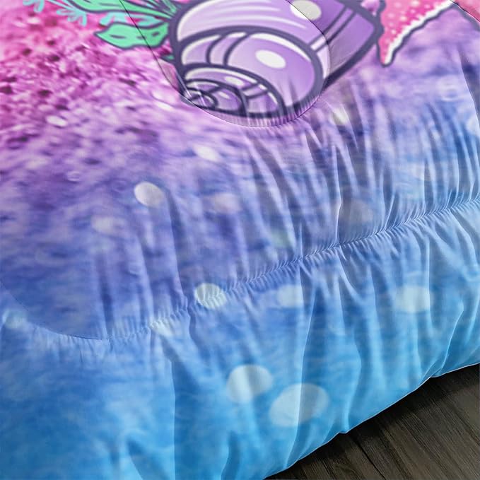 Mermaid Butterfly Comforter Set Twin Size Fairy Tale Sea Shell Grass Bedding Set Colorful Rainbow Quilt Bed Set for Kid Girls with 1 Comforter and 2 Pillowcases