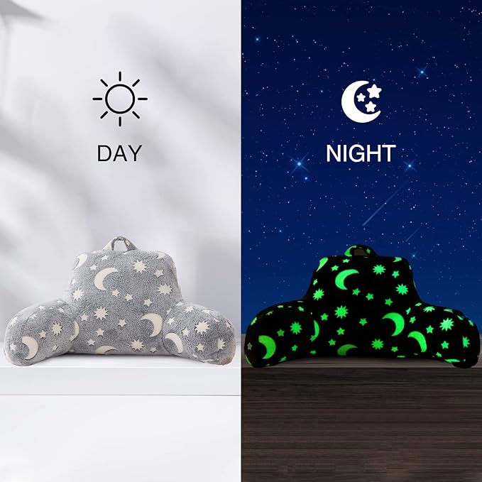 Aimuan Reading Pillow Glow in The Dark Bed Rest Wedge Kids Glow Backrest Pillow Dinosaur Print with Arms Back Support for Sitting Up in Bed Cushion, Grey