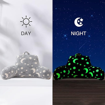 Aimuan Reading Pillow Glow in The Dark Bed Rest Wedge Kids Glow Backrest Pillow Dinosaur Print with Arms Back Support for Sitting Up in Bed Cushion, Grey
