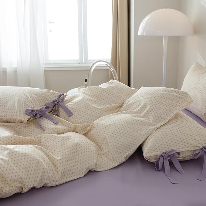 AOJIM Aesthetic Purple Duvet Cover Set for Kids Adults, Pure Cotton Bedding Comforter Cover with Heart Motif, 1 Twin Duvet Cover 68x86 and 2 Pillowcases 20x26 with Bow Ties for Room Decor, No Quilt
