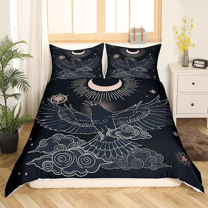Castle Fairy Flying Bird and Moon Bedding Set Twin,Golden Stars Cloud Duvet Cover with 1 Pillow Sham Comforter Cover for Kids Boys,Raven Night Sky Quilt Cover Set Decorative 2 Pcs