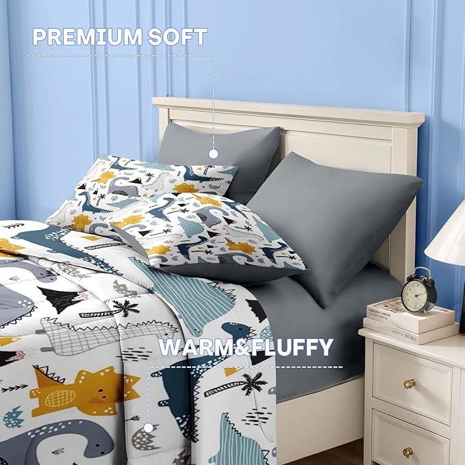 Nesker 7 Pcs Comforter Set Full Size, Cute Dinosaur Dino Bedding for Kids Teen, Blue Yellow Dragon with Fitted Sheet 2 Pillowcases & 2 Shams for Bedroom Bed Décor