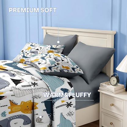 Nesker 7 Pcs Comforter Set Queen Size, Cute Dinosaur Dino Bedding for Kids Teen, Blue Yellow Dragon with Fitted Sheet 2 Pillowcases & 2 Shams for Bedroom Bed Décor