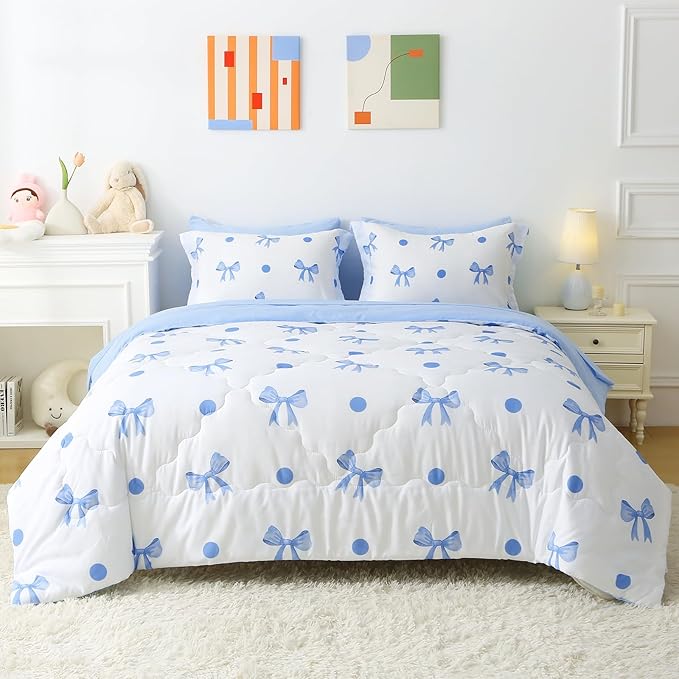 Wajade 7 Piece Blue Bow Comforter Set for Girls Kids Full Size Bedding Set with Sheet and 2 Pillowcases 2 Pillow Shams Cute Girls Bed in a Bag as Birthday Choice