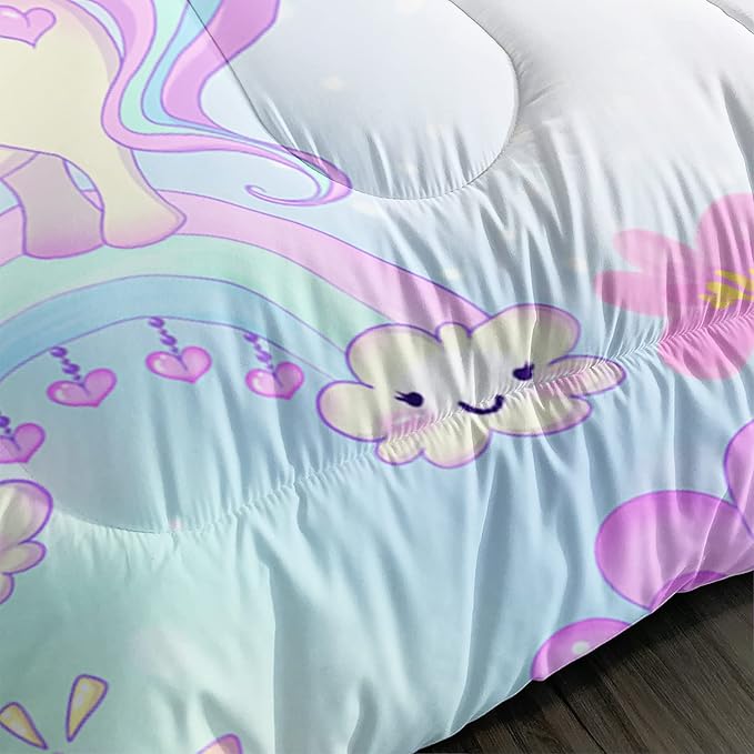Kid Unicorn Comforter Set Queen Size 3Pcs White Cloud Star Love Heart Pattern Quilt Balloon Bedding Set for Boys Girls with 1 Comforter and 2 Pillowcases