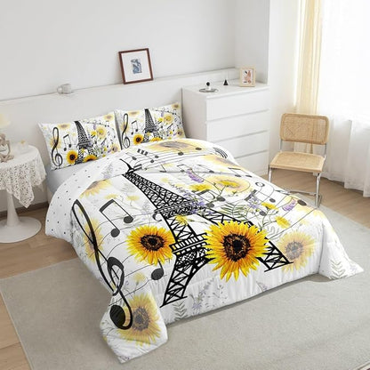 Feelyou Eiffel Tower Kids Comforter Set Cute Sunflower Bed Sheet Set for Boys Children Teens Bedroom Decor Paris Tower Bedding Set Set Floral Music Themed Bed Cover Twin Size with 1 Pillow Case
