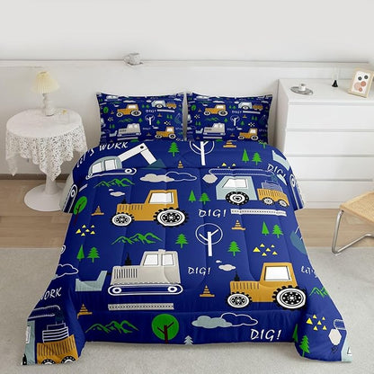 Feelyou Construction Comforter Set All Season Equipment Trucks Bedding Set with 1 Pillow Cases Excavator Tractor Kids Twin Bedclothes Construction Vehicles Bedroom Decor Blue Yellow Duvet Quilt
