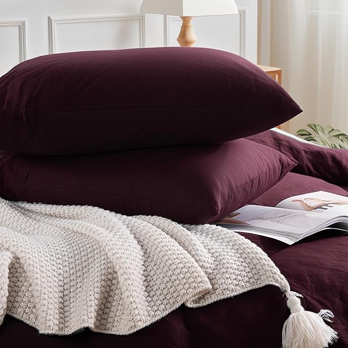 NEXHOME PRO Oversized King Duvet Cover Set – 100% Certified Organic Cotton with Washed Feel & Linen-Like Texture, Comfortable & Breathable, Home Bedding Set Burgundy (No Comforter) 12098N