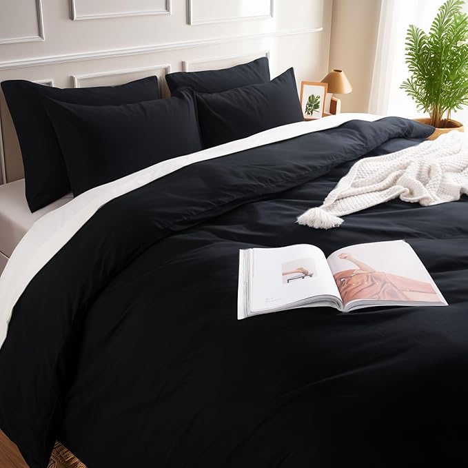 NEXHOME PRO King Duvet Cover Set – 100% Certified Organic Cotton with Washed Feel & Linen-Like Texture, Comfortable & Breathable, Home Bedding Set Black (No Comforter)