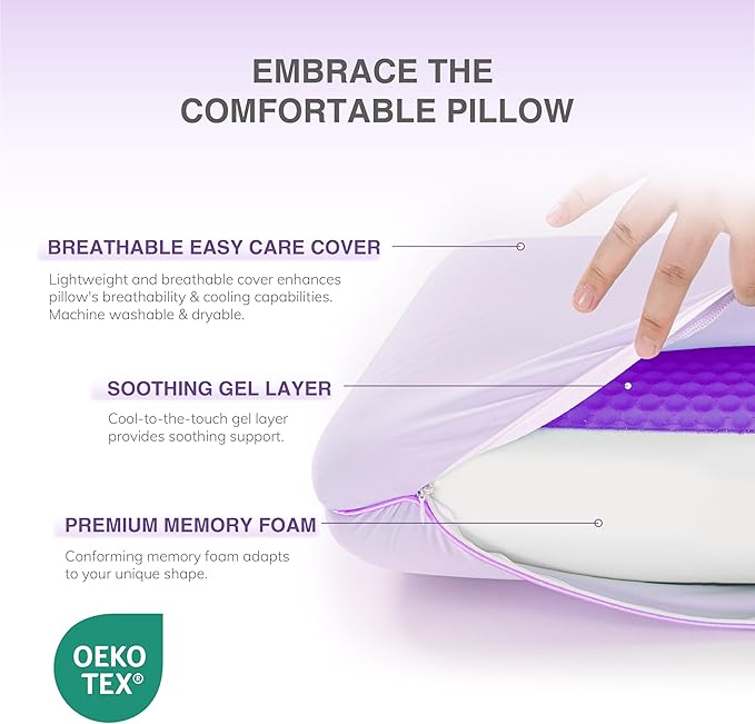 EGOHOME Cooling Gel Memory Foam Pillow - Reversible Cooling Cover, Neck Support for Side, Back and Stomach Sleepers, Removable & Machine Washable, All-Season Comfort, Standard Size, Purple